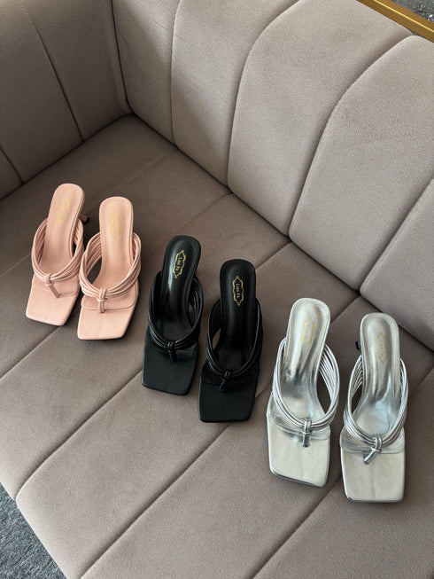 Open Square Toe Slid On Kitten Heels